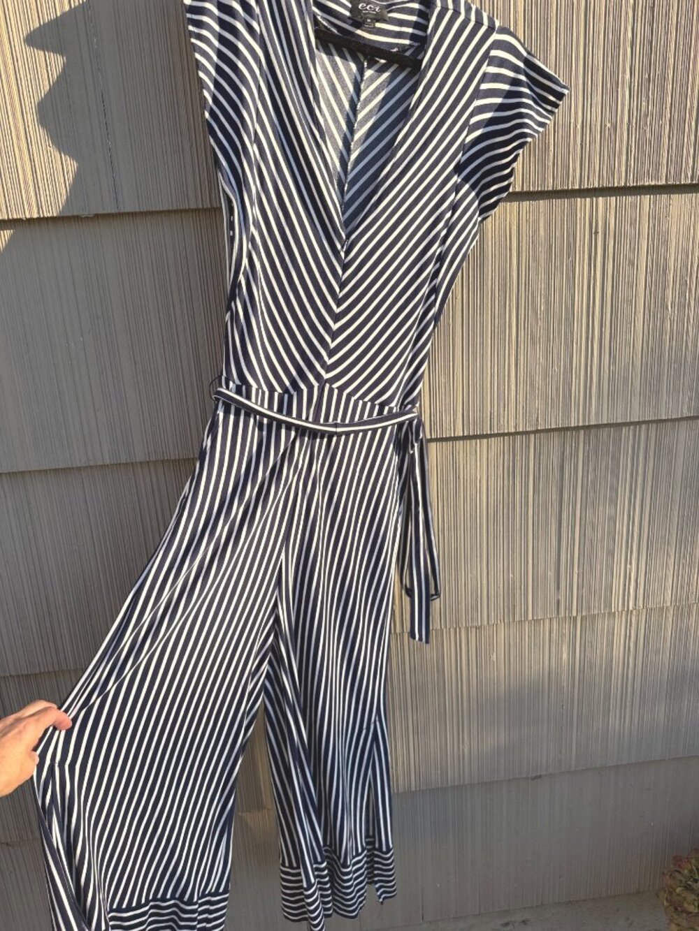 ECI New York Navy White Striped Wide Leg Jumpsuit M V Neck Belted Nautical
